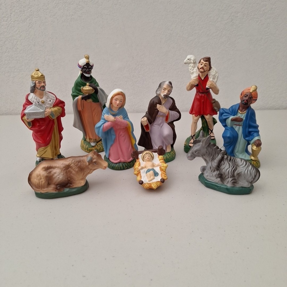Vtg Nativity Set Hand Painted Paper Mache Compos Creche Christmas Large 8" JAPAN